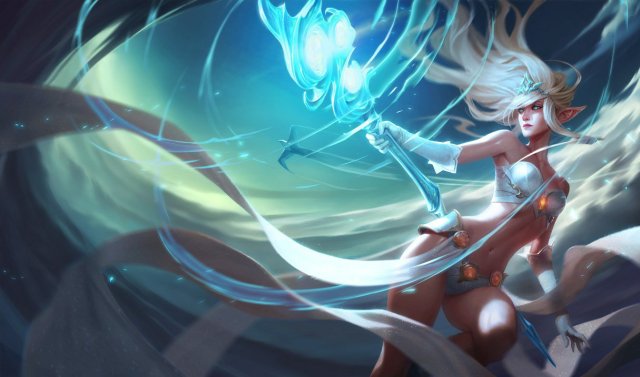 The splash art for Janna, a wind goddess in a white bikini with long white hair who wields a staff.