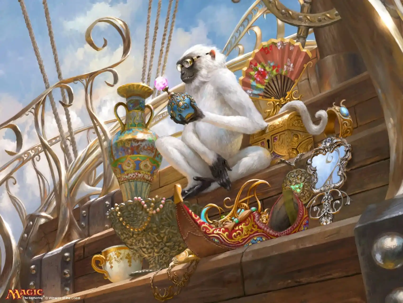 An image of a monkey holding treasure in a ship