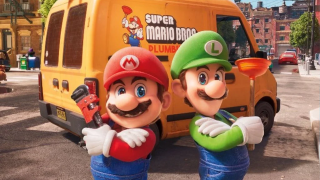 Mario and Luigi from the Super Mario Bros movie stand in front of their yellow van.
