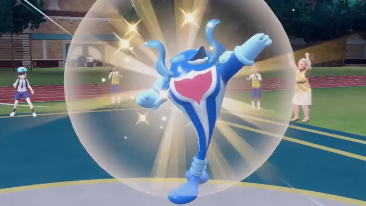 Palafin being sent out into battle in its Hero Form in Pokémon Scarlet and Violet.