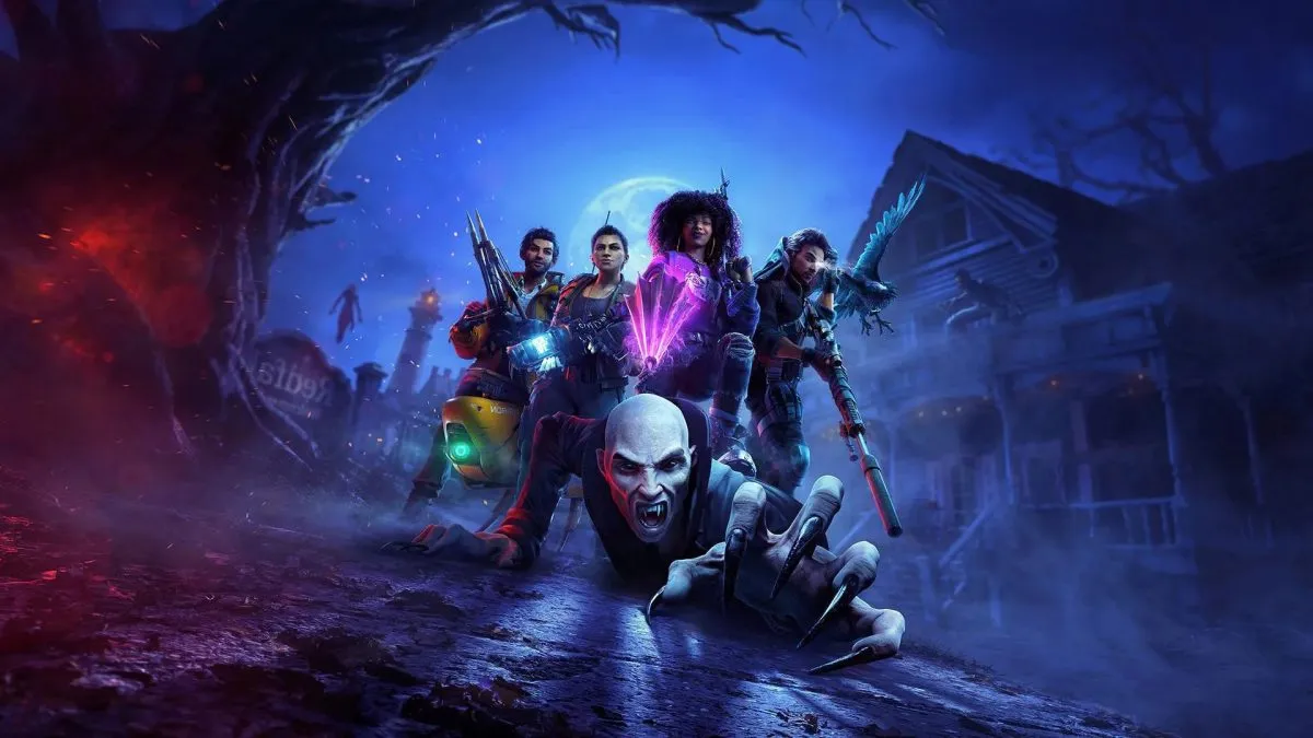 Redfall key art showing the team fighting a vampire