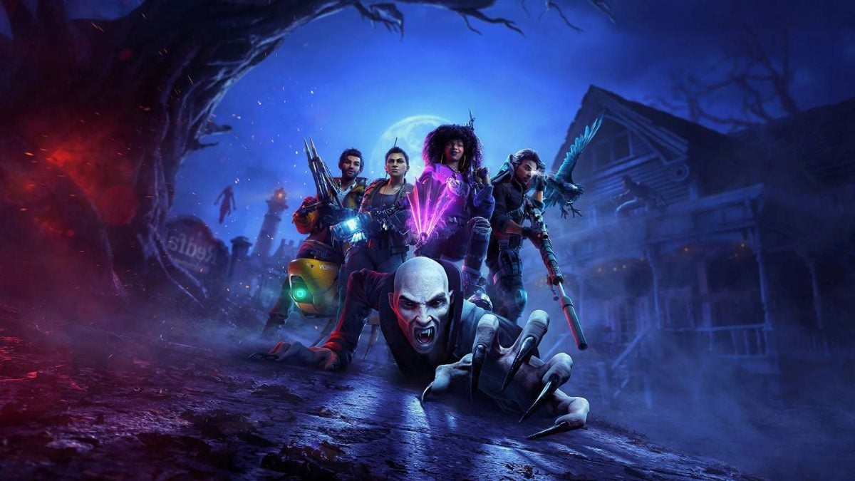 Redfall key art showing the team fighting a vampire