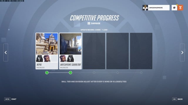 Screenshot of a player's competitive progress for the Damage role in Overwatch 2.
