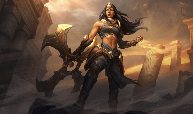 The splash art for Sivir, a champion that is known for battling foes with her giant boomerang blade.