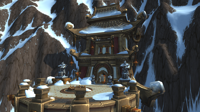 A view of the exterior of the Mogu'shan Vaults in World of Warcraft.