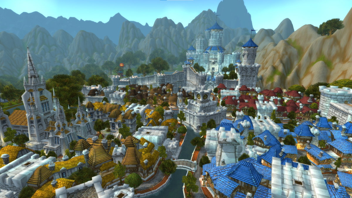 An overhead view of Stormwind City, the human faction capital in World of Warcraft, and one of the game's oldest, most historic cities.