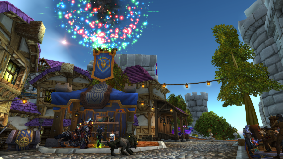 Fireworks explode over the Trading Post in Stormwind City in World of Warcraft.