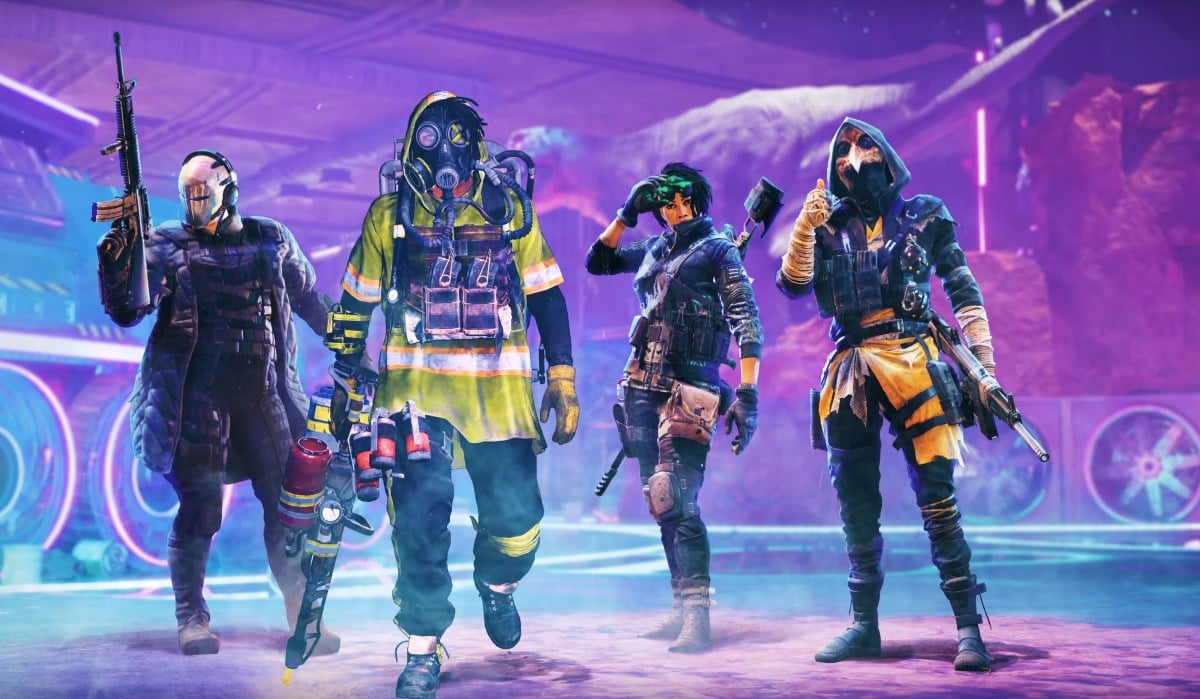 Four XDefiant characters with a purple background.