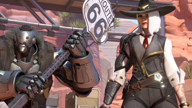 Ashe and B.O.B. in Overwatch, with B.O.B. holding a Route 66 sign.