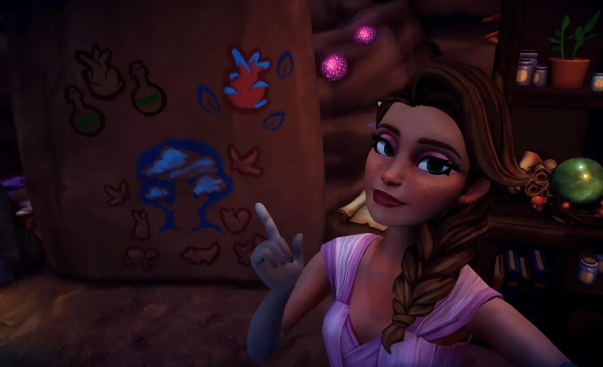 An image of a princess wearing a pink dress and holding her finger up in Disney Dreamight Valley