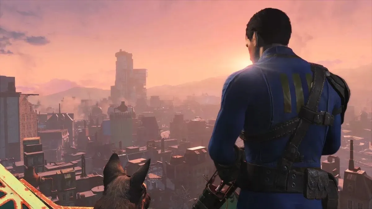 A player character looks out over the world of Fallout 4 with Dogmeat.