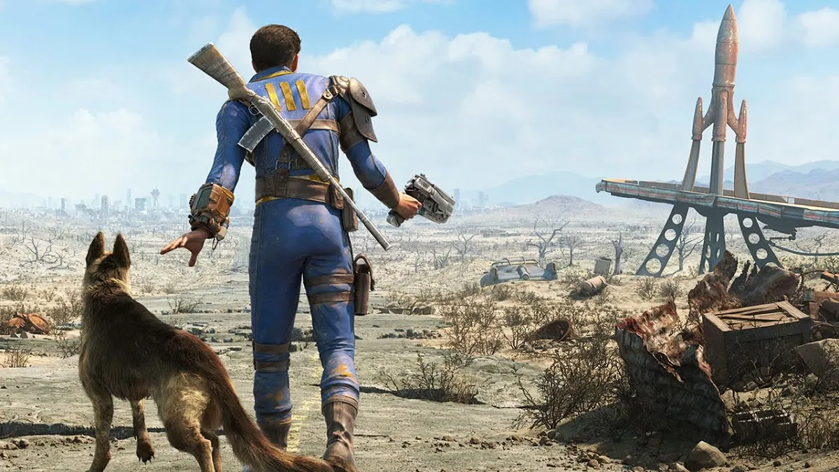 Dogmeat and the player character in Fallout 4 amid ruins