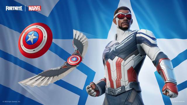 Sam Wilson Captain America is showcased on the right with his robotic wings glider and a metallic Captain America Shield on the right.