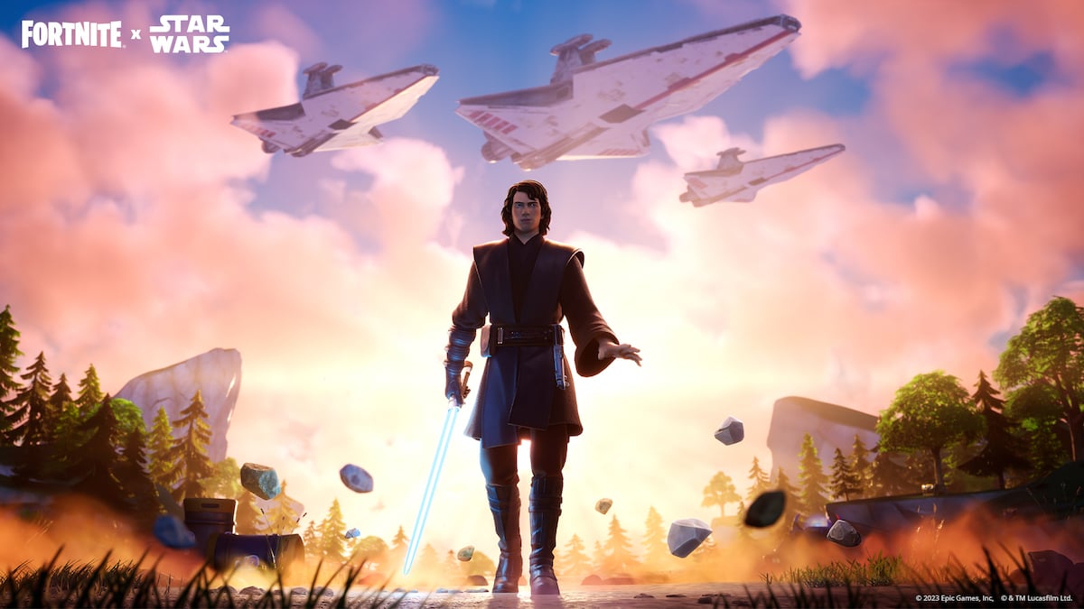 Anakin Skywalker from Star Wars in Fortnite with Star Destroyers above him.