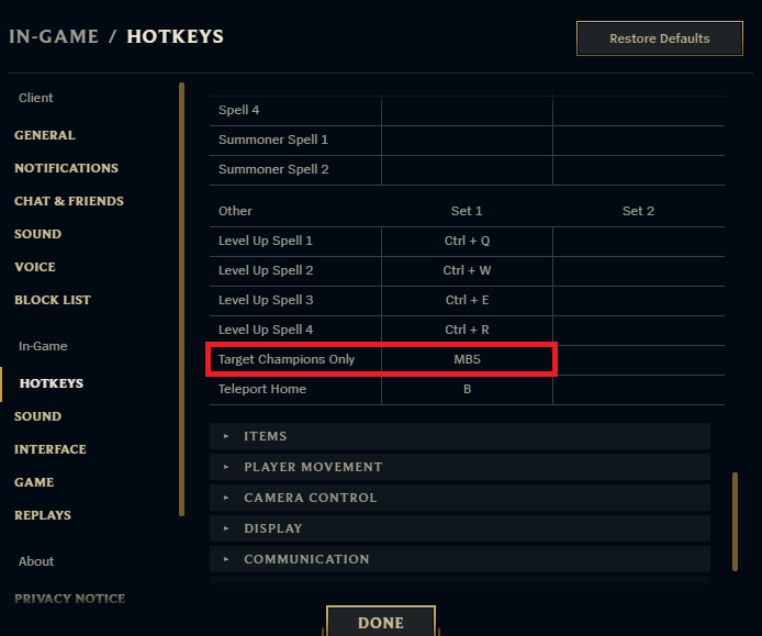 The Target Champions Only setting in the in=game hotkeys setting in LoL.