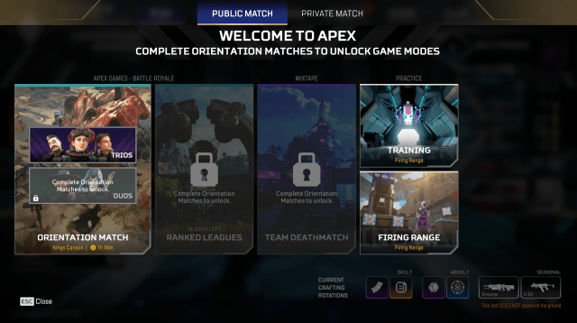 A screenshot from the in-game Apex Legends lobby shows greyed-out playlists. Only the orientation match option can be selected.