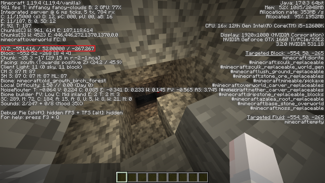 Screenshot showing the Y-level in Minecraft for finding diamonds