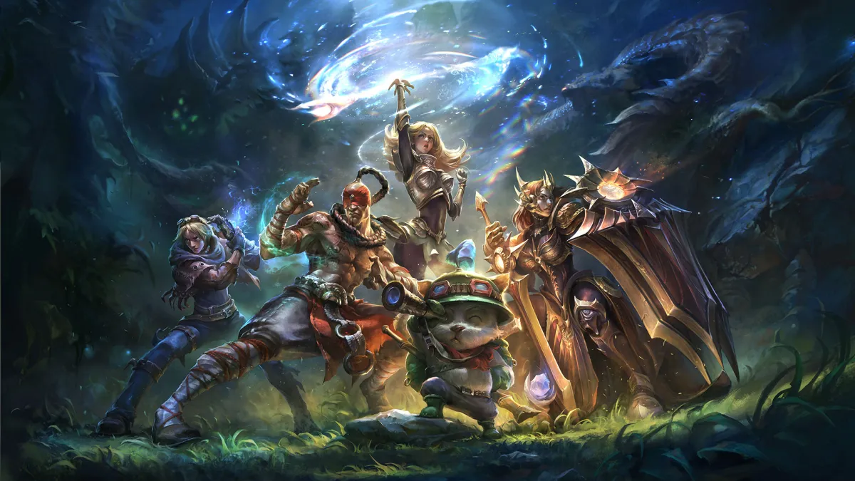 League of Legends graphic showing Teemo, Lee Sin, Leona, Lux, and Ezreal.