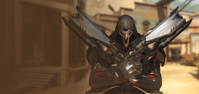 Reaper sporting his new design in Overwatch 2 while posing at the end of one of his highlight reel intros.