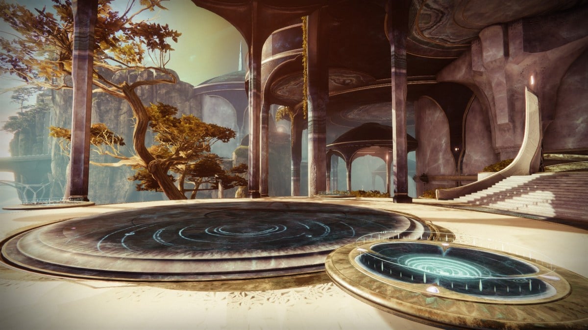 The upper section of the Shuro Chi fight in Destiny 2's Last Wish raid, with its signature Awoken structure.