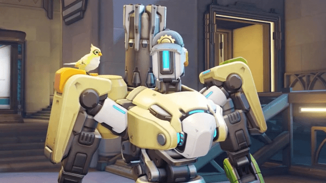 Bastion with his new Overwatch 2 design posing for the camera with Ganymede.