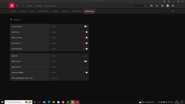 The Radeon settings page to disable the in-game overlay.