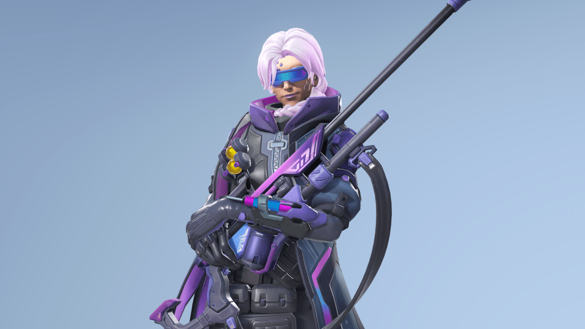 Ana holding her sniper in the Overwatch 1 and 2 Cybermedic skin bundle.