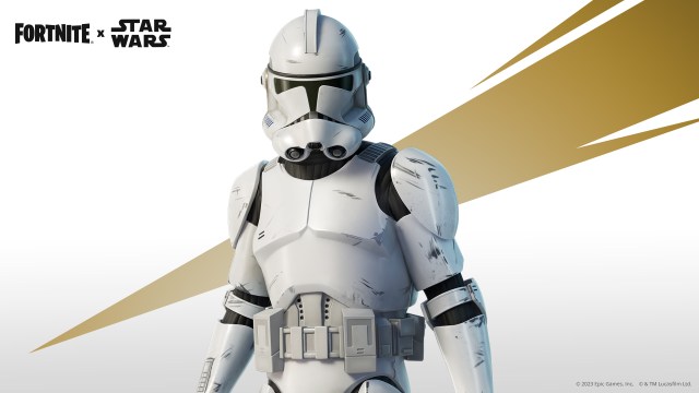 Fortnite's Clone Trooper Outfit posing in front of white background