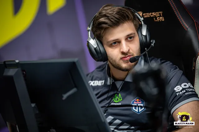 Degster stares at the camera during the BLAST Paris Major in 2023.