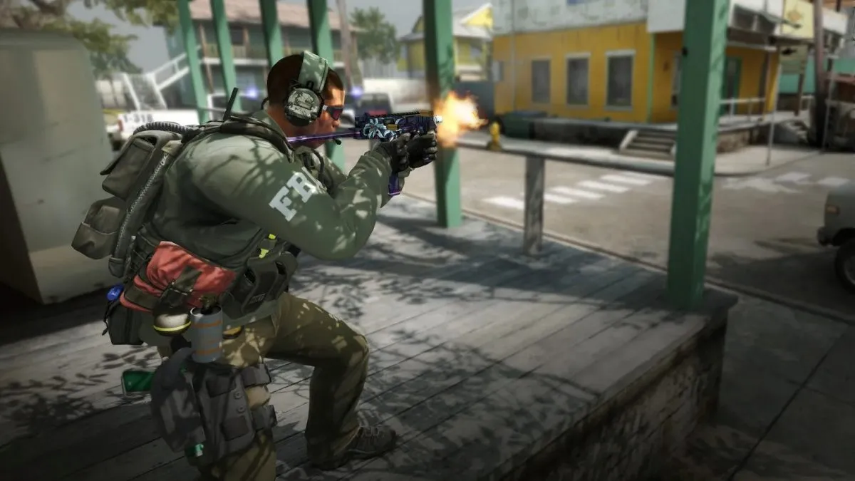 A counter-terrorist is seen shooting in CS:GO.
