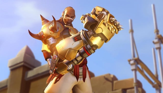 Doomfist from Overwatch posing with his enormous gauntlet.