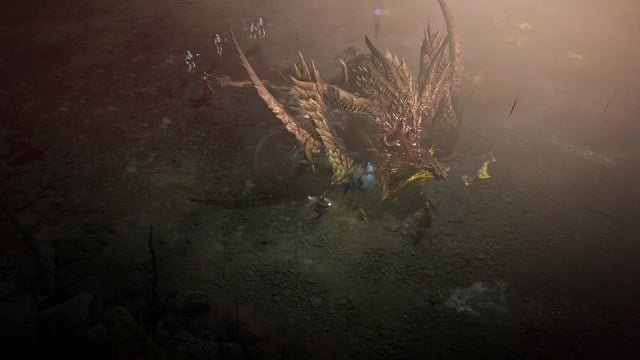 Image of a large dragon being fought by several players in Diablo 4.