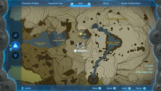 A map of the Zora's Domain showing Link at Lulu Lake. It is west of Mipha Court and east of Mikau Lake.
