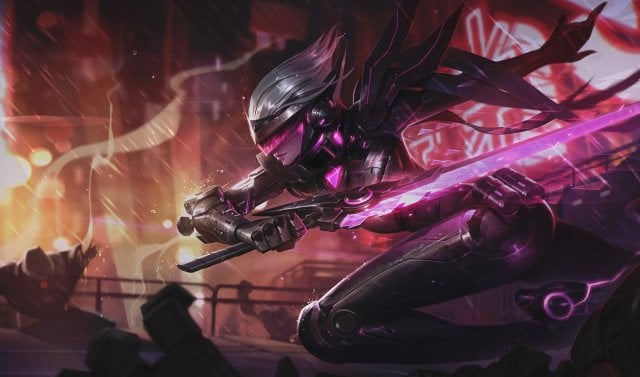 Project Fiora splash art in League of Legends. She is purple-clad in armor and carries an electric, bright sword