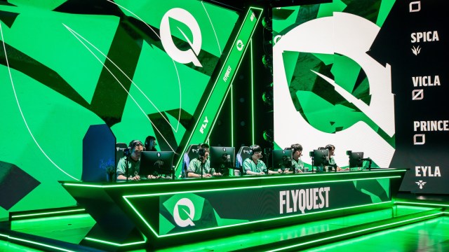 The FlyQuest LCS roster on stage during the 2023 season.