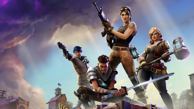 Four characters from Fortnite stand and pose with various different weapons.