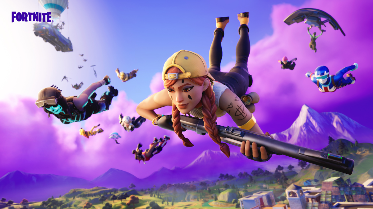 A Fortnite player dropping from the sky.
