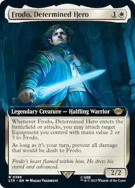 Frodo from MTG LTR set holding glowing sword. 