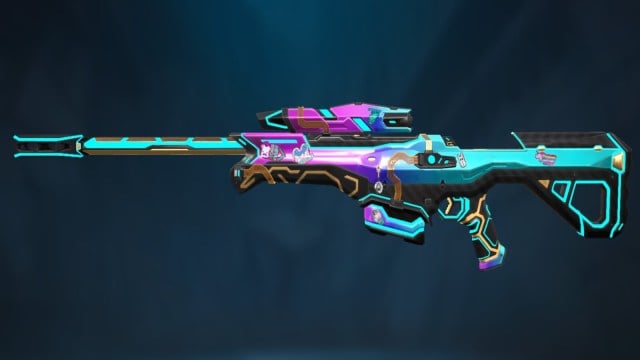 Glitchpop skin for the Operator in VALORANT. It's purple and cyan with little bits of black and gold.