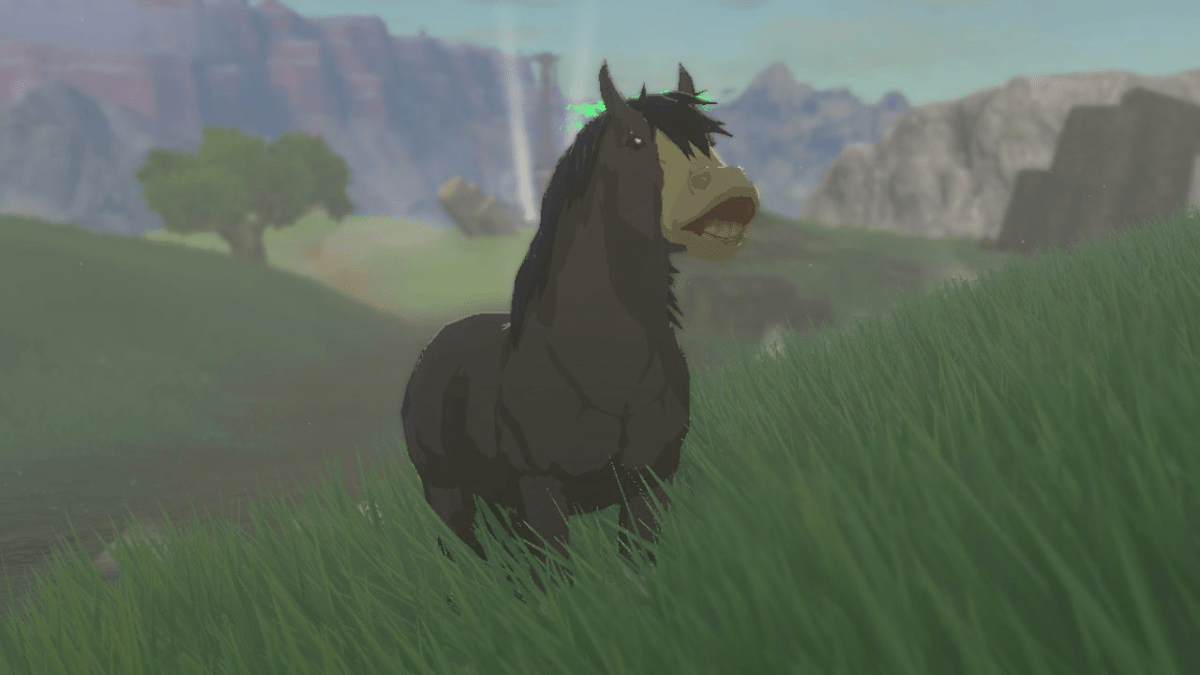 A horse standing in a field in The Legend of Zelda Tears of the Kingdom.