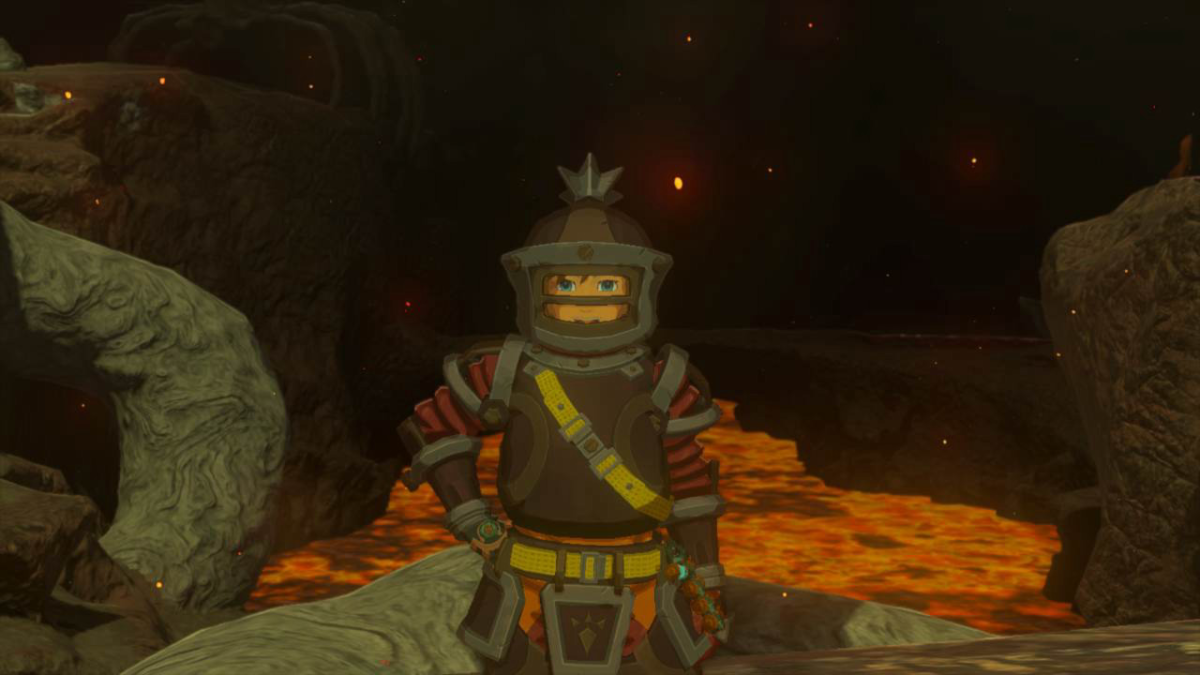 Link wearing Firebreaker armor set in TOTK in front of lava