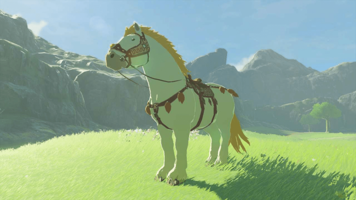 A screenshot of the Giant White Stallion standing on a hill from Zelda Tears of the Kingdom
