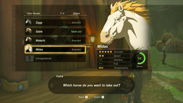 Stats of the Giant White Stallion in TOTK, showing five stars in strength and two in speed.
