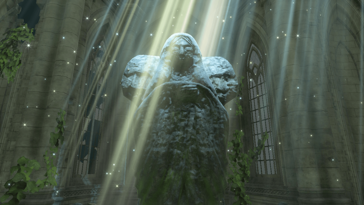 A screenshot of the goddess statue at the Temple of Time in Tears of the Kingdom with light rays shining through