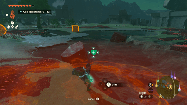 Link stands in front of a pond with the Ultrahand ability in effect. It reveals an eye at the bottom of the pond.