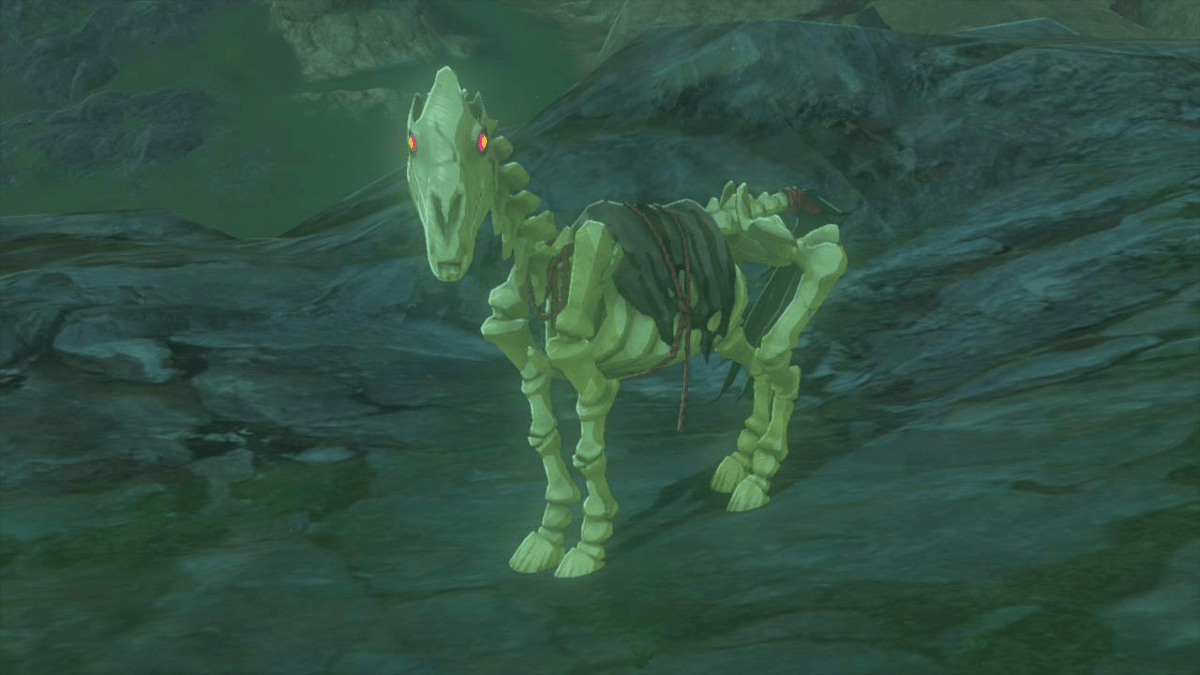 A skeleton horse from Tears of the Kingdom with glowing red eyes