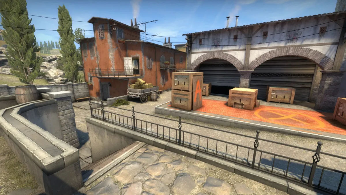Inferno's A Bomb Site, with the player standing in Graveyard looking towards the site, Short, and Apartments.