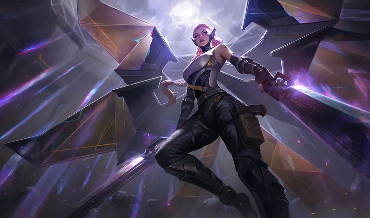PsyOps Kayle looks down while wielding a sword and spreading her wings in League of Legends
