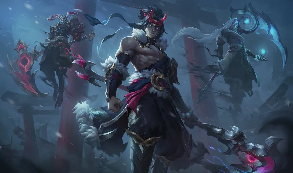 Kayn stands with his Daarkin spirits surrounding him and a spear hook in hand in League of Legends