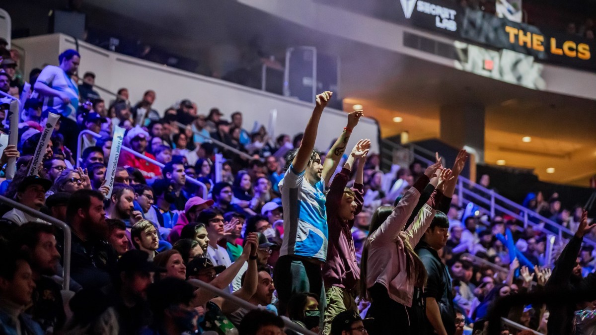 League of Legends fans cheering during the 2023 LCS Spring Finals weekend.